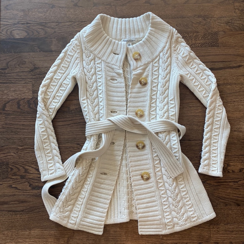 Banana Republic cable knit 100% merino wool cinched tie waist sweater cardigan